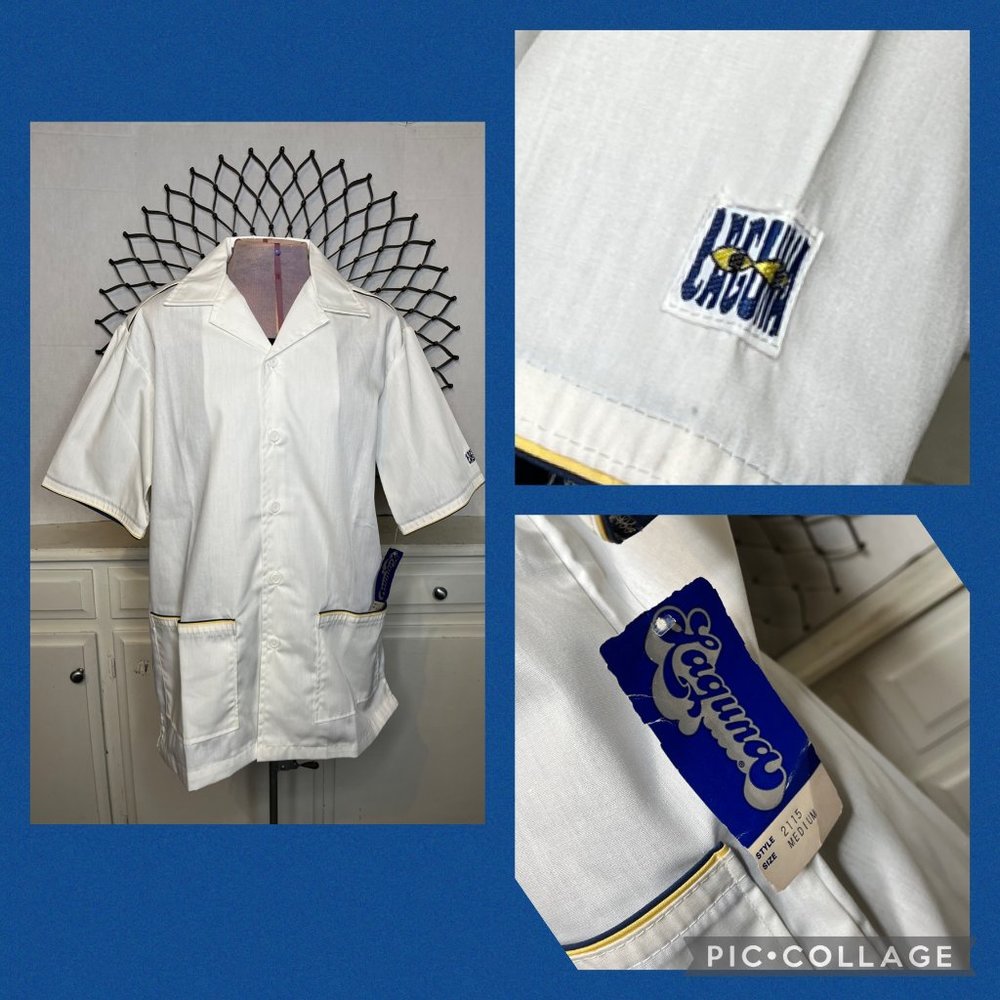 1980s Laguna Board Walk Button Up Blue/Gold On White Pin-strip Shirt NOS Size/M